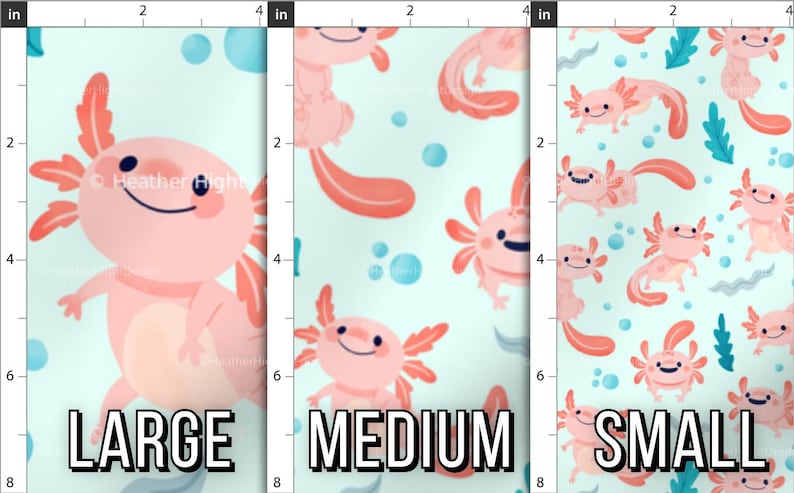 Print scale fabric preview of axolotl fabric in Large, Medium, and Small print scales. Rulers display an 4 inch by 8 inch area