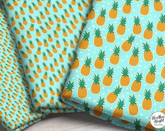 Pineapple Fabric By The Yard - Hawaiian Pineapples on an Aqua Background Fabric Print in Yard & Fat Quarter