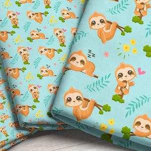 Liebevoller Faultier Stoff Meterware / Süßer Blumenstoff mit Tiermotiv / Kinderstoff / Fauler Faultier Stoff Print in Yards & Fat Quarter