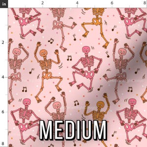 Pink Skeleton Party Fabric by the yard - Retro Halloween Print, Dancing Skeletons in Pink & Orange, Perfect for Halloween Quilting and Decor Medium