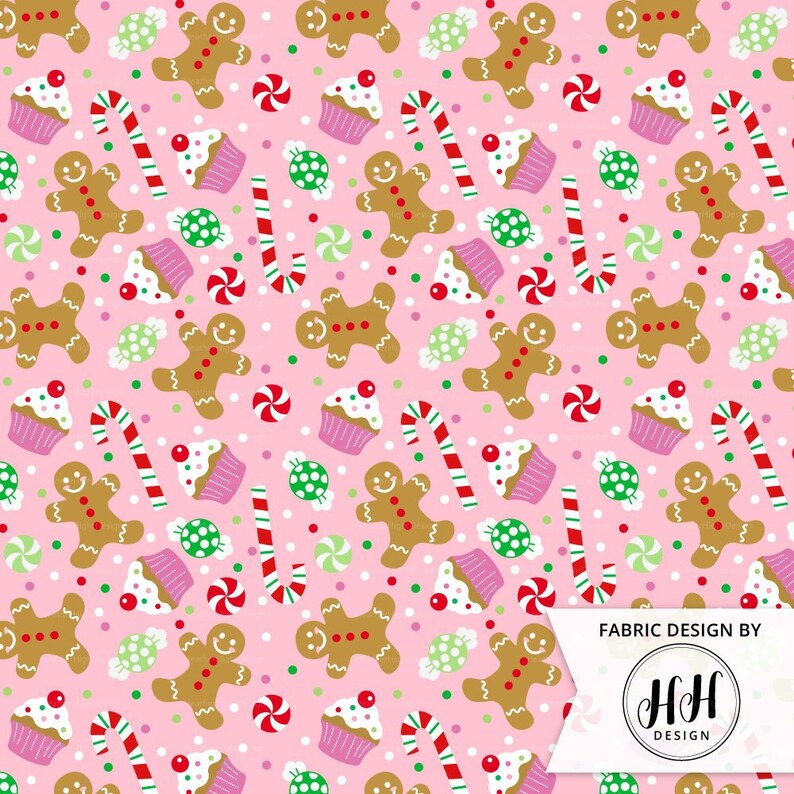 Christmas Sweets Fabric by the Yard Pink / Gingerbread Etsy