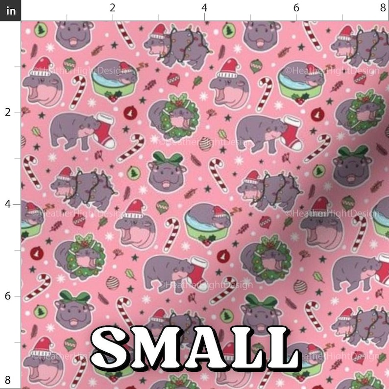Christmas Baby Pygmy Hippo Fabric Pink / Cute Hippopotamus Print on