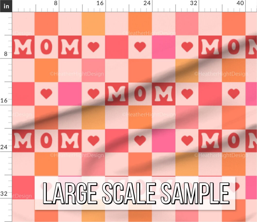 Mom Printed Pattern Mom Heart Fabric: Retro Checkered Print, Mother's Day Fabric by the ...