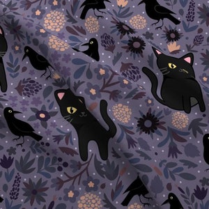 Black Cats and Ravens Fabric by the Yard Halloween Dark Kitten and Floral Print in Yard & Fat Quarter image 3