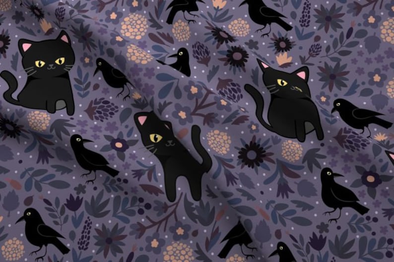 Black Cats and Ravens Fabric by the Yard Halloween Dark Kitten and Floral Print in Yard & Fat Quarter image 3