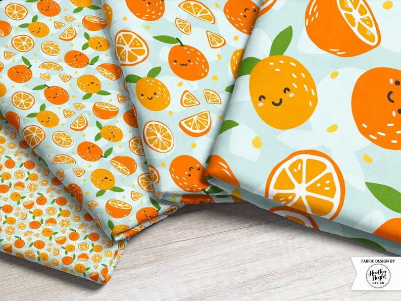 Orange Cutie Fabric / Little Clementine Fabric / Cute Orange Party Theme Baby Fabric / Kawaii Orange Fabric Print by the Yard & Fat Quarter image 1