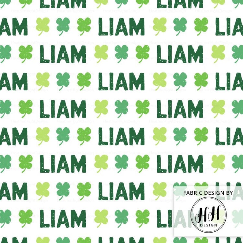 Lucky Personalized Fabric St. Patrick's Clover / Custom Name Fabric / Green Boy Fabric / Clover Fabric Print by the Yard & Fat Quarter image 1