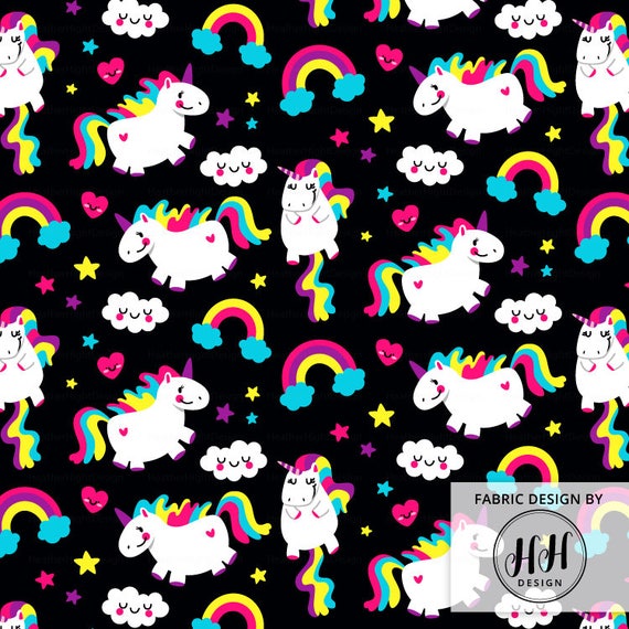  Unicorn  Fabric By The Yard Black Fat Unicorn  Cute Etsy 