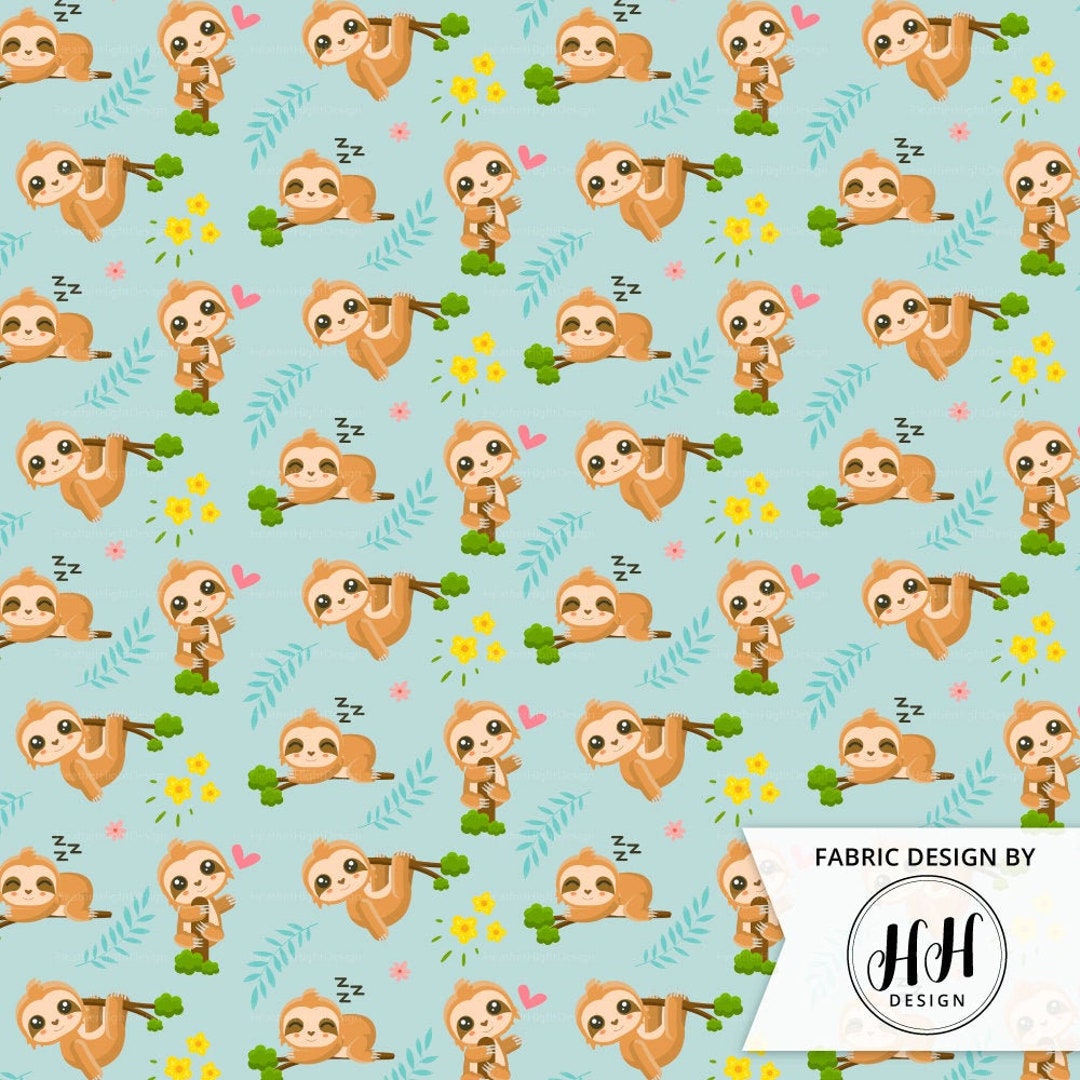 Lovable Sloth Fabric by the Yard / Cute Floral Animal Fabric / - Etsy