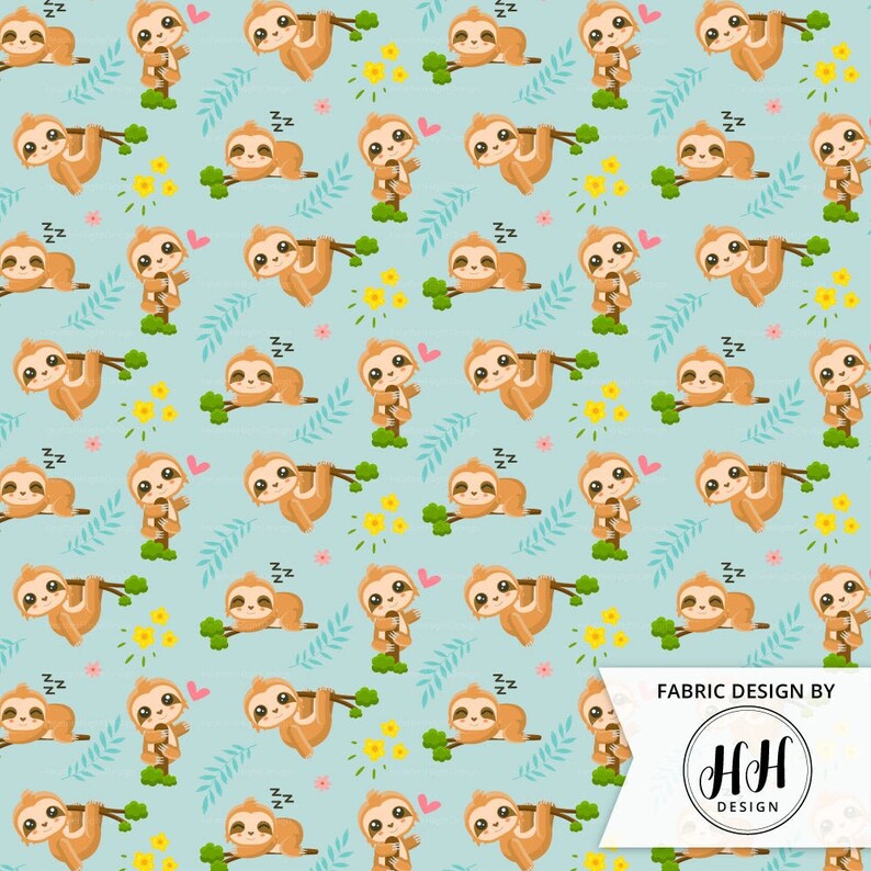 Lovable Sloth Fabric by the Yard / Cute Floral Animal Fabric / Etsy