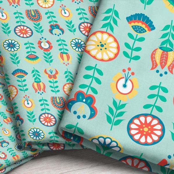Schwedischer Folklore Blumenstoff / Bunte Blumen Folklore Stoffdruck / Größe nach Wahl + Material / Stoff Massenware + Fat Quarter