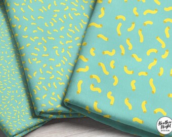 Pasta Macaroni Fabric - Tiny Yellow Macaroni Pasta and Turquoise Ditsy Print Fabric by the Yard & Fat Quarter