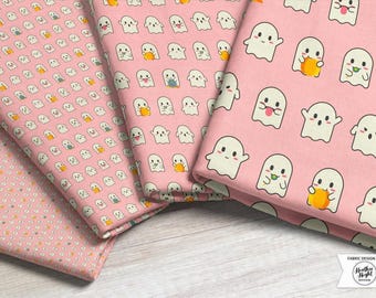 Tissu rose avec des fantômes / Impression de tissu kawaii d'Halloween avec des emojis fantômes mignons effrayants par mètre & Fat Quarter