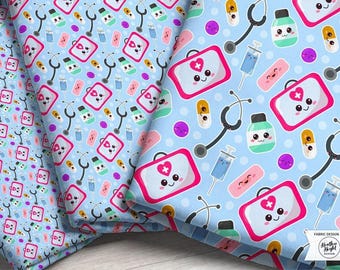 Kawaii stof voor verpleegster op maat gesneden / schattige medische stof / stof cartoon arts / EMT-benodigdheden stof op maat gesneden en Fat Quarter