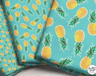 Tropical Pineapple Fabric by the Yard - Turquoise Blue Green / Hawaiian Fabric / Scattered Geometric Pineapple Print in Yard & Fat Quarter