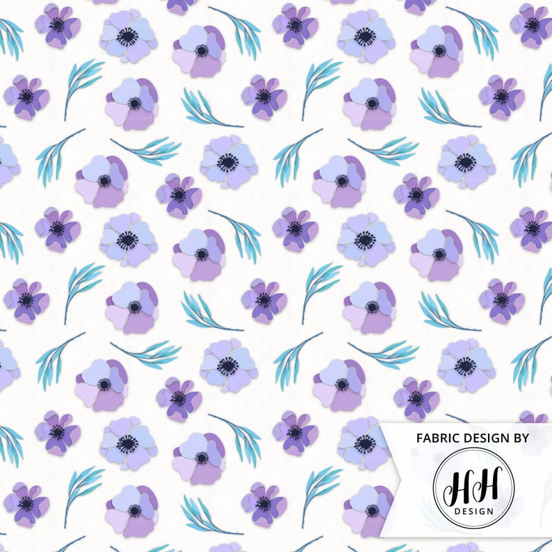 a pattern of purple and blue flowers on a white background