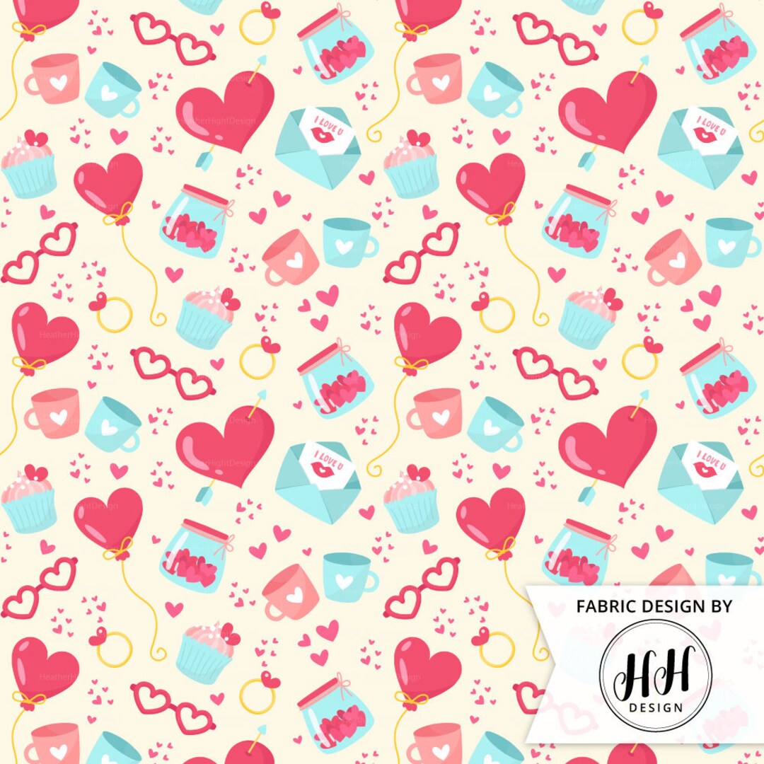 Mustache Hearts Valentine Fabric By The Yard | Valentine's Day | Red Hearts  | V-Day Fabric | Made To Order Fabric