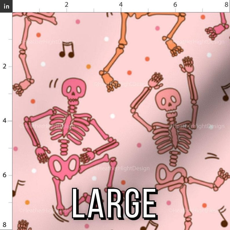 Pink Skeleton Party Fabric by the yard - Retro Halloween Print, Dancing Skeletons in Pink & Orange, Perfect for Halloween Quilting and Decor Large