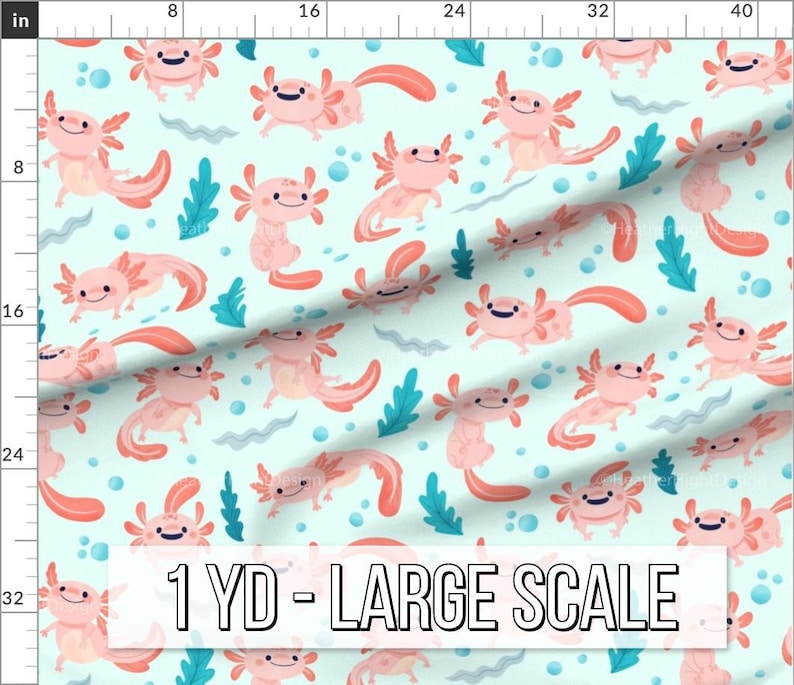 Print scale fabric preview of axolotl fabric in the Large print scale. Rulers display an 42 inch by 36 inch area