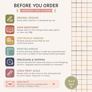 A list of important information for customers to know before placing an order, including details about the original designs, have questions, continuous yardage, printing margin, processing & shipping, and check print scale. The image also includes icons for email, a message to send a message before ordering, and a thank you message. The text is clear and concise, providing essential information for customers to make informed decisions about their purchases.