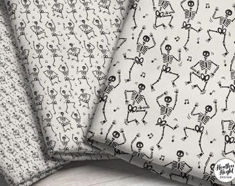 Dancing Skeletons Fabric by the Yard and Fat Quarter - Black & Gray Halloween Print, Spooky Cotton Fabric for Quilting, Costumes and Crafts