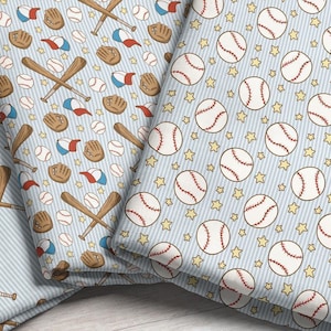 Baseball Fabric Collection – Boys Sports, Bats, Gloves, Hats, Stars – Choose Your Pattern, Material, Scale - by the Yard & Fat Quarter
