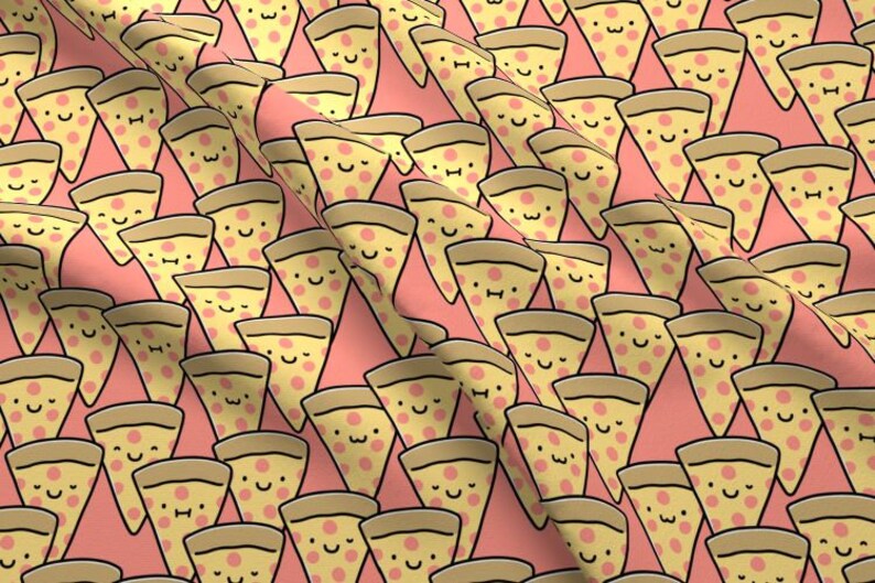 Pizza Cuties Fabric By The Yard / Cute Pizza Fabric / Funny Pizza Faces / Childrens' Fabric / Slice Pink Coral Print in Yard & Fat Quarter image 3