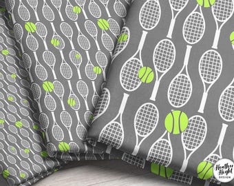 Gray Tennis Fabric / White Rackets and Green Tennis Ball Fabric Print / Pick Your Scale and Material / Fabric by the Yard & Fat Quarter