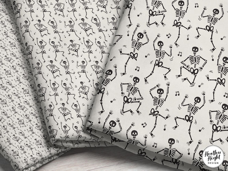 three different fabric print scales featuring a pattern of black dancing skeletons, music note accents, on a light tan gray background