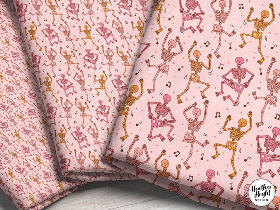 Pink Skeleton Party Fabric by the yard - Retro Halloween Print, Dancing Skeletons in Pink & Orange, Perfect for Halloween Quilting and Decor