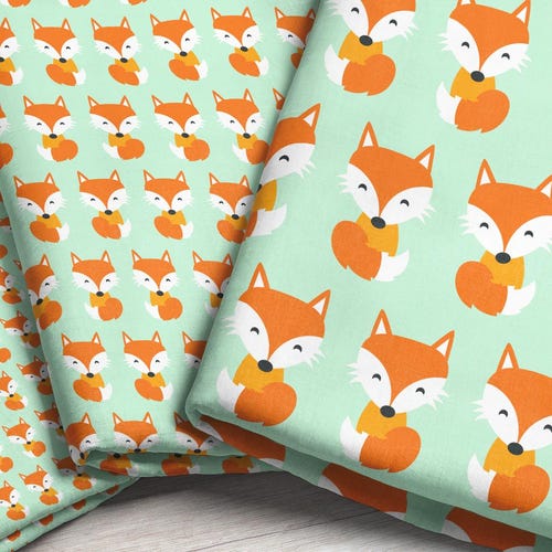 Baby Fox Fabric – Orange Happy Foxes on Light Green Print by the Yard or Fat Quarter