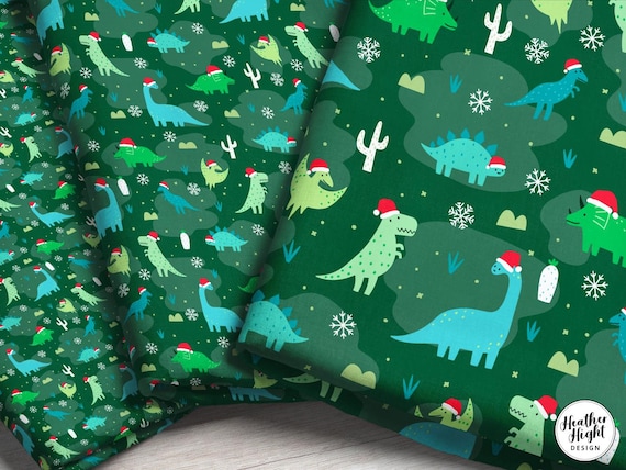 Christmas Dinosaur Fabric – Holiday Santa Dino Print with  Snowflakes Print by the Yard & Fat Quarter