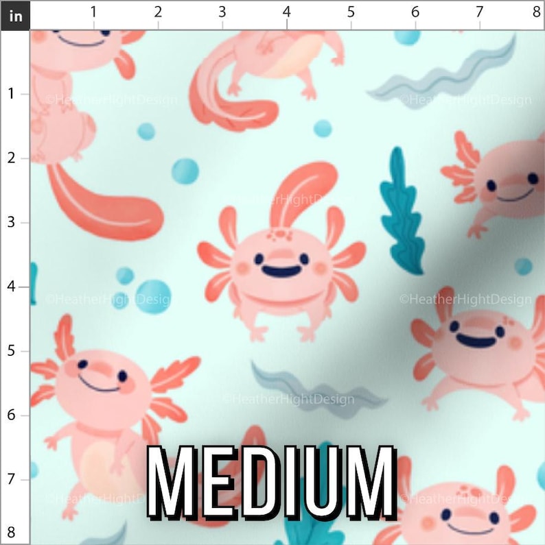 Print scale fabric preview of axolotl fabric in the Medium print scale. Rulers display an 8 inch by 8 inch area