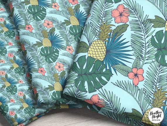 Tropical Fabric – Pineapple, Palm Leaf, Hibiscus Print by the Yard & Fat Quarter
