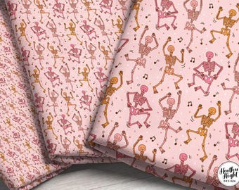Pink Skeleton Party Fabric by the yard - Retro Halloween Print, Dancing Skeletons in Pink & Orange, Perfect for Halloween Quilting and Decor