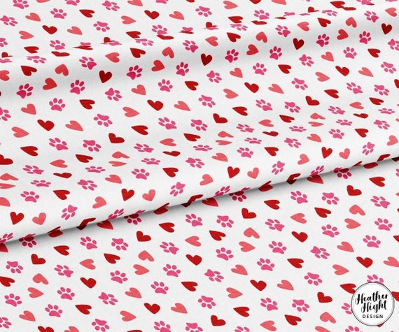 Valentine Paw Print Fabric by the Yard / Valentine's Day Fabric / Hearts and Paws Fabric / Cat and Dog Fabric Print in Yardage & Fat Quarter