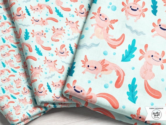 Watercolor Axolotl Fabric / Cute Pink Amphibian Fabric / Salamander Fabric / Kawaii Axolotl Fabric Print by the Yard & Fat Quarter