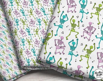 Colorful Skeleton Dance Fabric by the yard - Vibrant Skeletons on White Background, Fun Halloween Craft Fabric for Sewing & DIY Projects