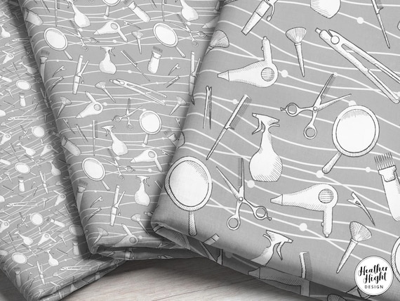 Hairdresser Salon Fabric – Gray Retro Beauty Hair Stylist Print by the Yard & Fat Quarter