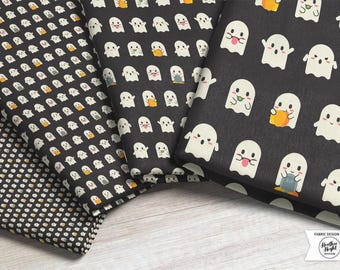 Geist Emojis Stoff - Anthrazit Schwarz - Süßer Kürbis Geist Halloween Gruseliger Stoffdruck Meterware & Fat Quarter