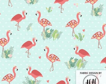 Flamingo Floral Fabric By The Yard / Tropical Flamingo Fabric / Pink Flamingos and Flowers Print in Yards & Fat Quarter