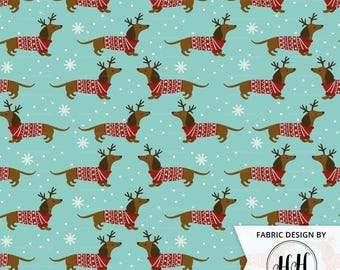 Wiener Dog Christmas Fabric / Dachshund Fabric / Doxie Holiday Fabric / Reindeer Sweater Dog Christmas Fabric by the Yard & Fat Quarter