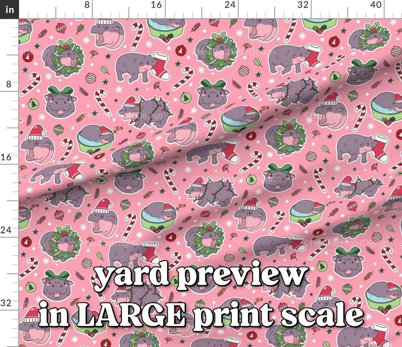 Christmas Baby Pygmy Hippo Fabric Pink / Cute Hippopotamus Print on