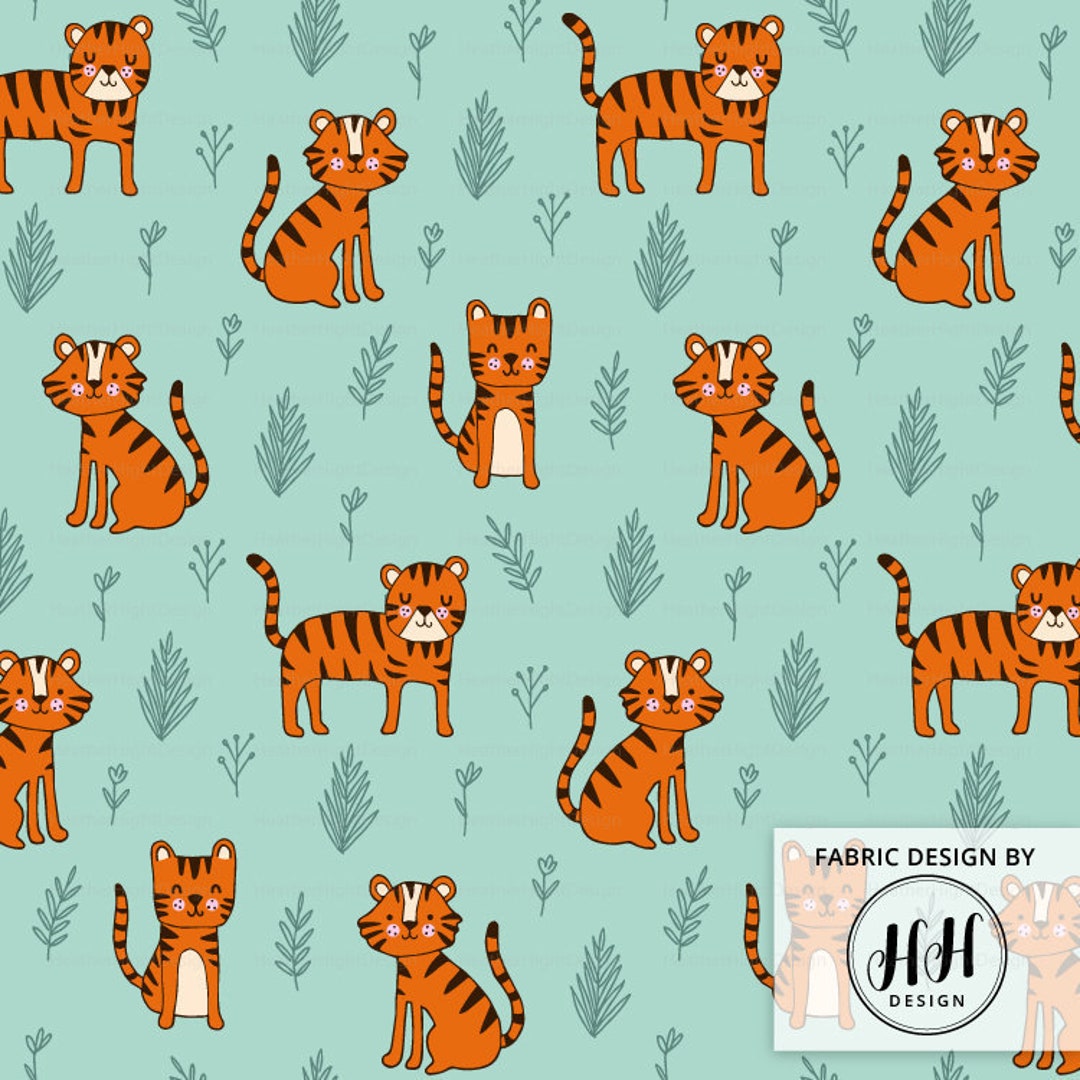 Safari Tiger Fabric by the Yard / Hand Drawn Tigers / Jungle Fabric / Cotton Quilting Fabric