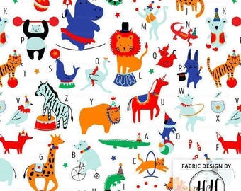 Circus Animals Alphabet Fabric By The Yard - Circus Carnival Show Performing Animals Print in Yards & Fat Quarter