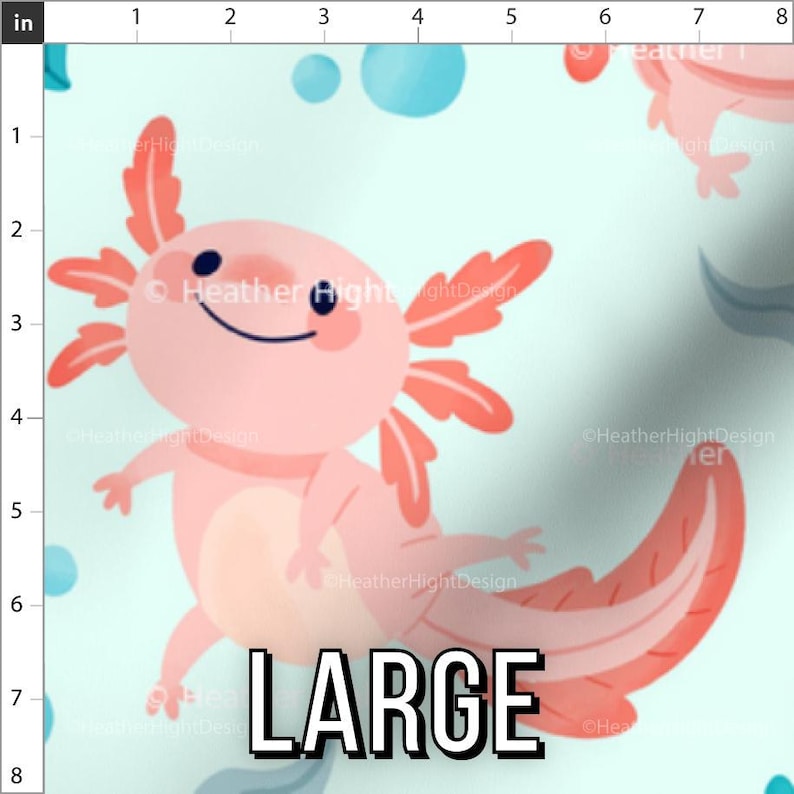 Print scale fabric preview of axolotl fabric in the Large print scale. Rulers display an 8 inch by 8 inch area