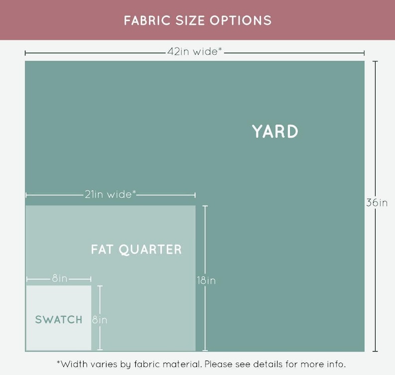 An image displaying fabric size options. It shows an 8 inch by 8 inch swatch, a 21 inch* wide by 18 inch fat quarter, and a 42 inch* wide by 36 inch yard. The asterisk note reads "width varies by fabric material. Please see details for more info."