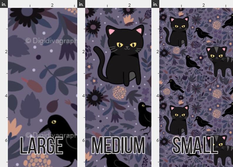Black Cats and Ravens Fabric by the Yard Halloween Dark Kitten and Floral Print in Yard & Fat Quarter image 2