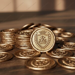 May include: Gold-coloured wax seals featuring a crest design, including a crown and the letter "K". Several seals are stacked, while others are scattered on a wooden surface. The seals have a vintage, antique aesthetic.