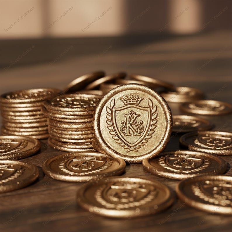 May include: Gold-coloured wax seals featuring a crest design, including a crown and the letter "K". Several seals are stacked, while others are scattered on a wooden surface. The seals have a vintage, antique aesthetic.